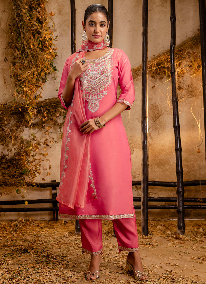 Vellora Silk Blend Pink Party Wear Embroidery Work Readymade Salwar Suit - Distacart