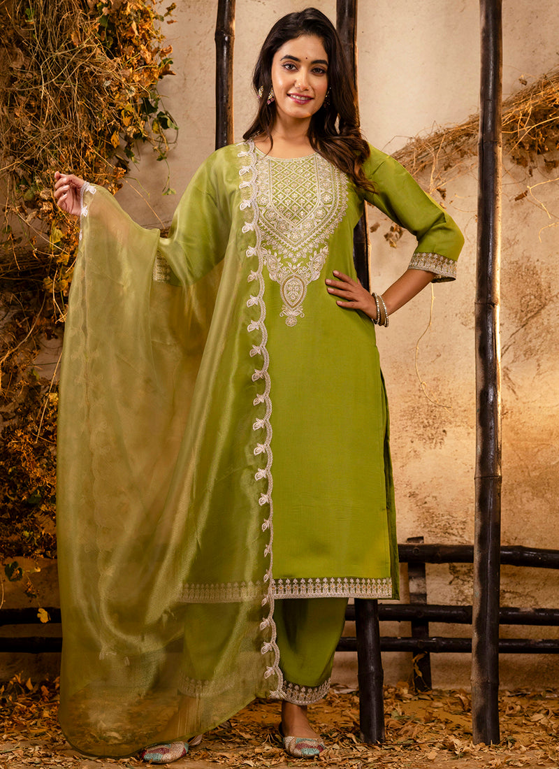 Vellora Silk Blend Olive Green Party Wear Embroidery Work Readymade Salwar Suit - Distacart