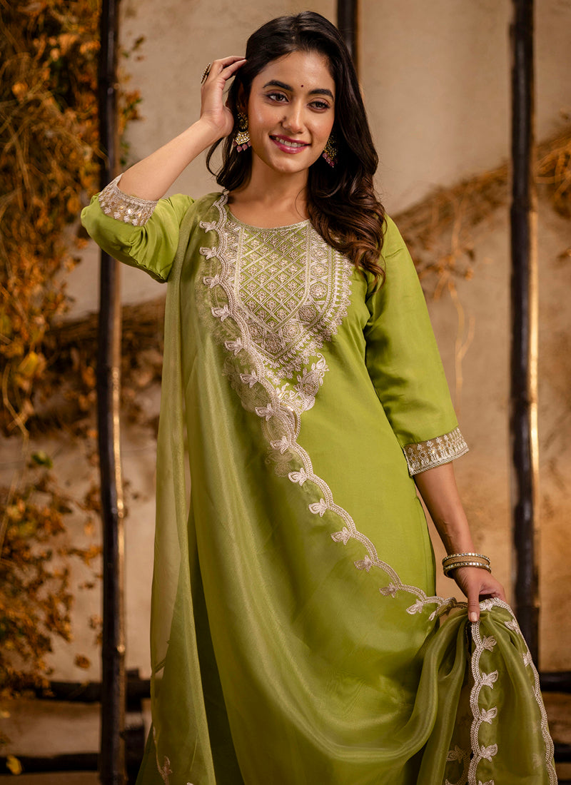 Vellora Silk Blend Olive Green Party Wear Embroidery Work Readymade Salwar Suit - Distacart