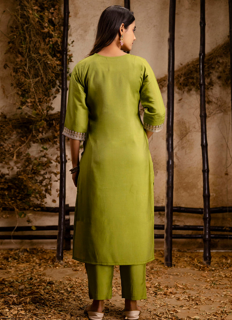 Vellora Silk Blend Olive Green Party Wear Embroidery Work Readymade Salwar Suit - Distacart