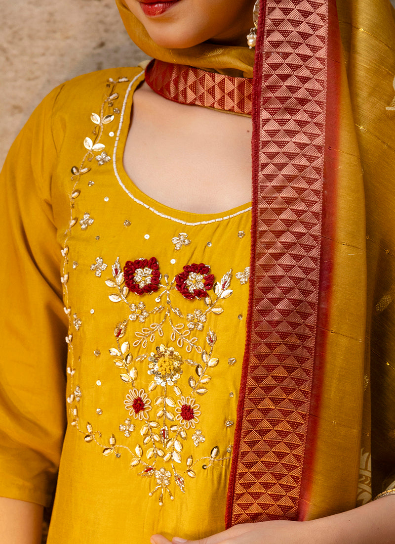 Vellora Shimmer Silk Mehendi Casual Wear Hand Work Readymade Salwar Suit - Distacart