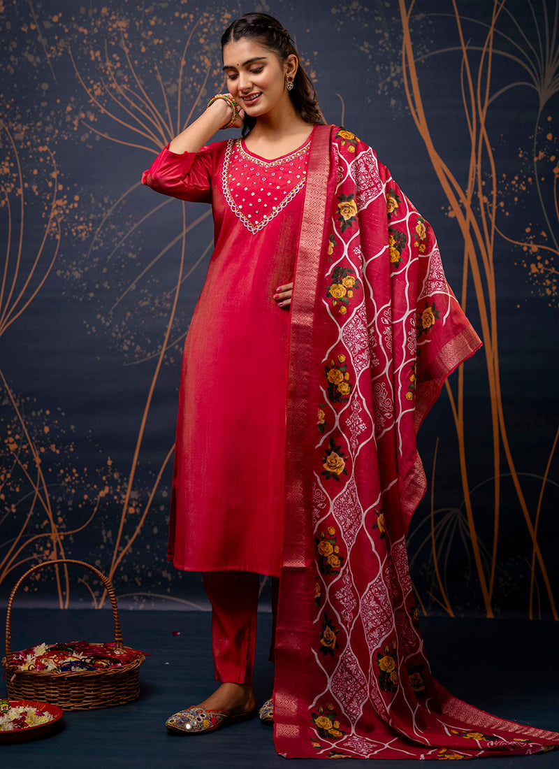 Vellora Shimmer Silk Olive Green Casual Wear Hand Work Readymade Salwar Suit - Distacart