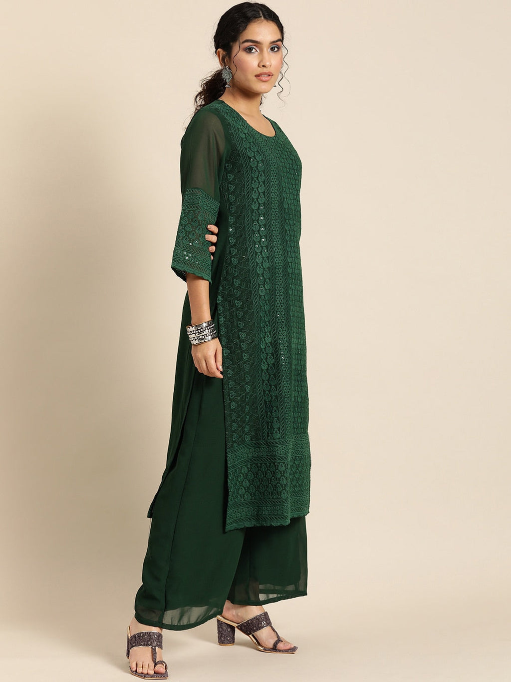 Sangria Women Green Ethnic Motifs Chikankari Kurta with Palazzos