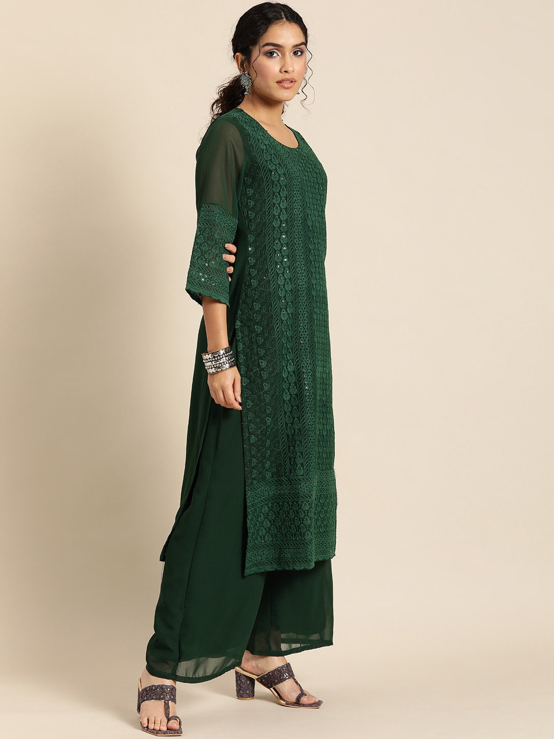 Sangria Women Green Ethnic Motifs Chikankari Kurta with Palazzos