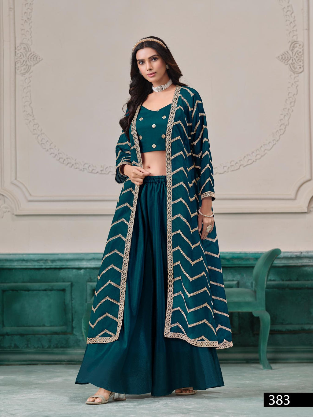 Anaita Teal Chinon Designer Stitched Indo Western - Distacart