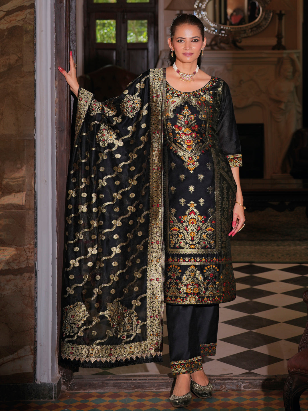 Vellora Jacquard Silk Black Party Wear Embroidery Work Readymade Salwar Suit - Distacart