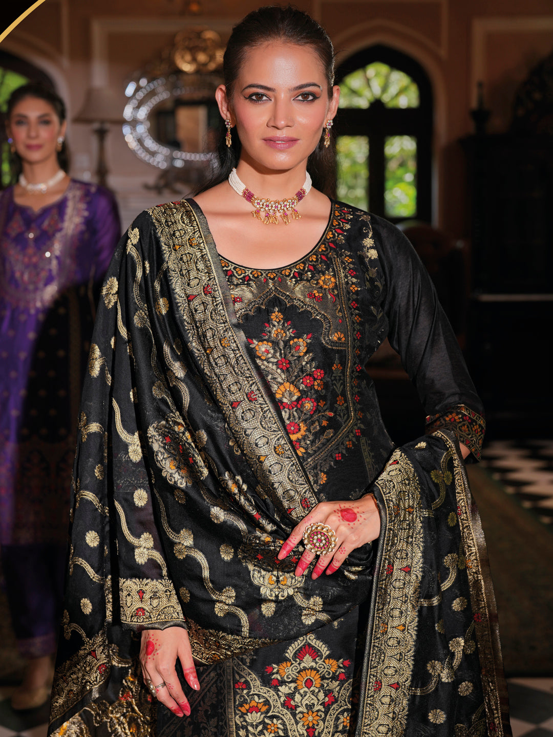 Vellora Jacquard Silk Black Party Wear Embroidery Work Readymade Salwar Suit - Distacart