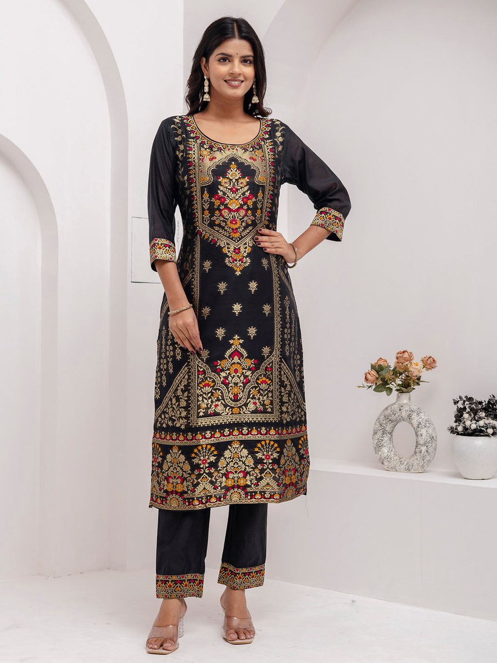 Vellora Jacquard Silk Black Party Wear Embroidery Work Readymade Salwar Suit - Distacart