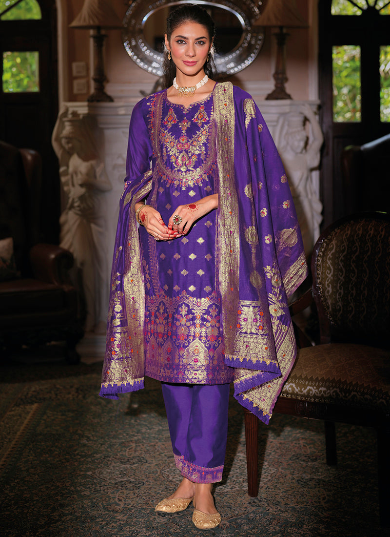 Vellora Jacquard Silk Royal Blue Party Wear Embroidery Work Readymade Salwar Suit - Distacart