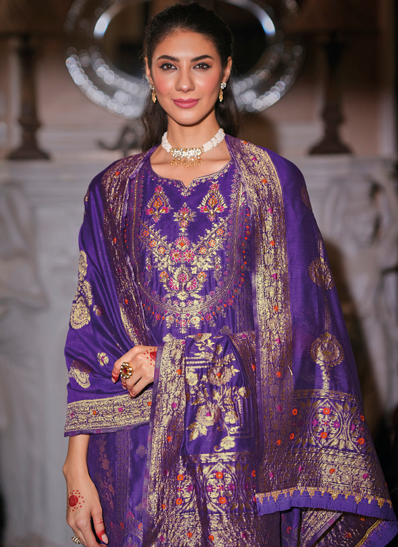 Vellora Jacquard Silk Royal Blue Party Wear Embroidery Work Readymade Salwar Suit - Distacart