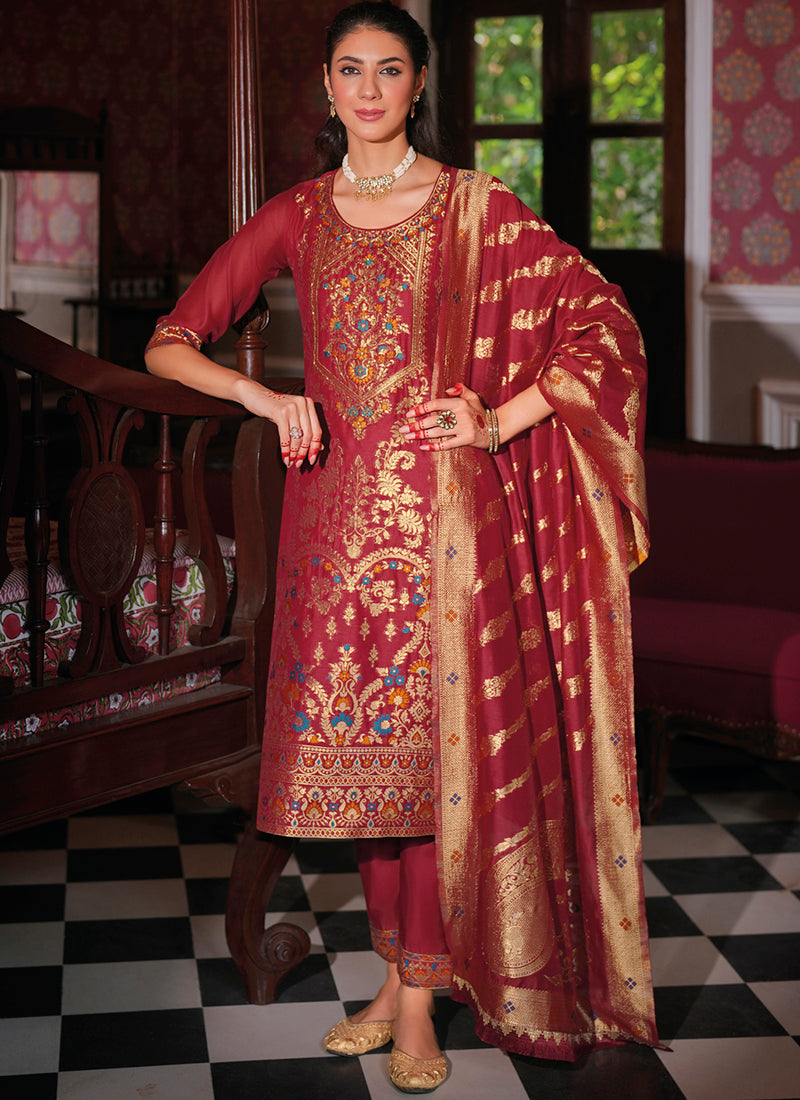 Vellora Jacquard Silk Red Party Wear Embroidery Work Readymade Salwar Suit - Distacart