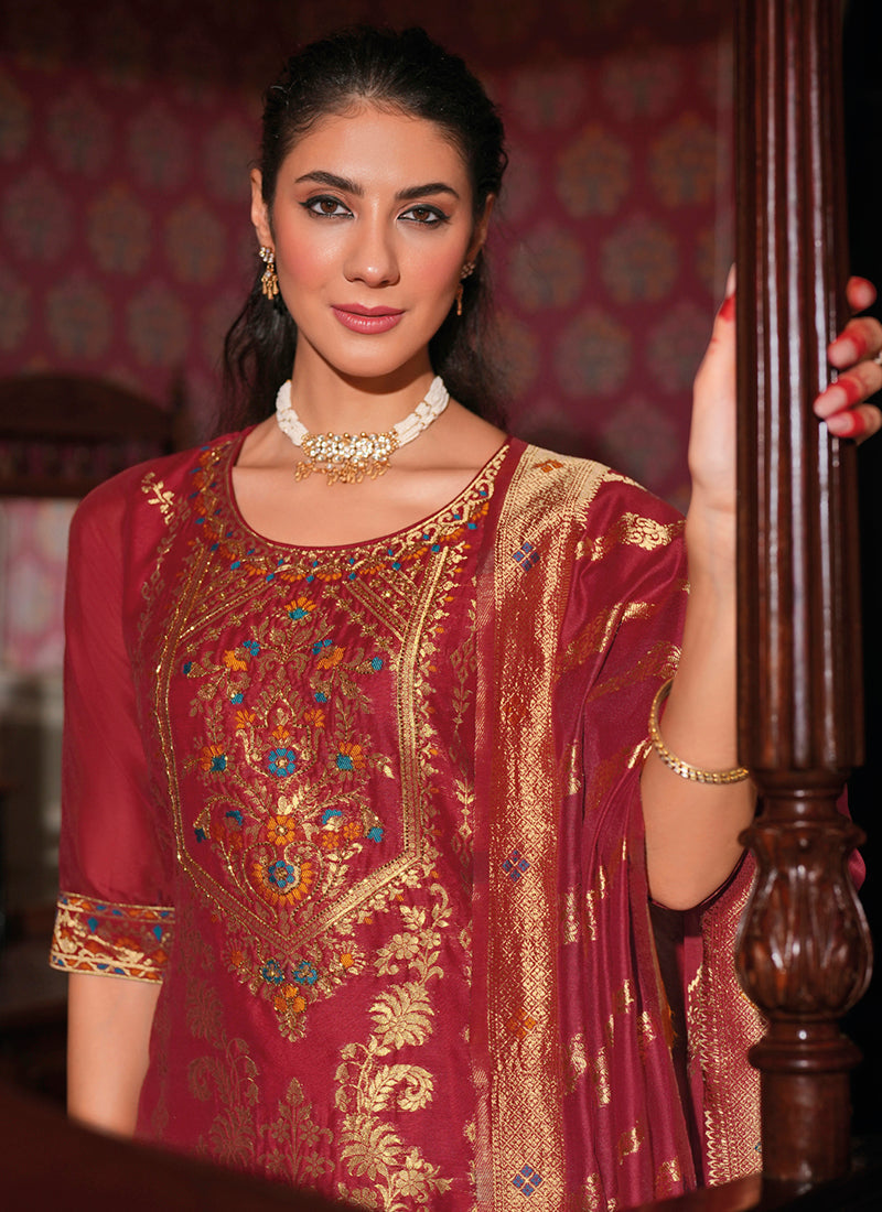 Vellora Jacquard Silk Red Party Wear Embroidery Work Readymade Salwar Suit - Distacart