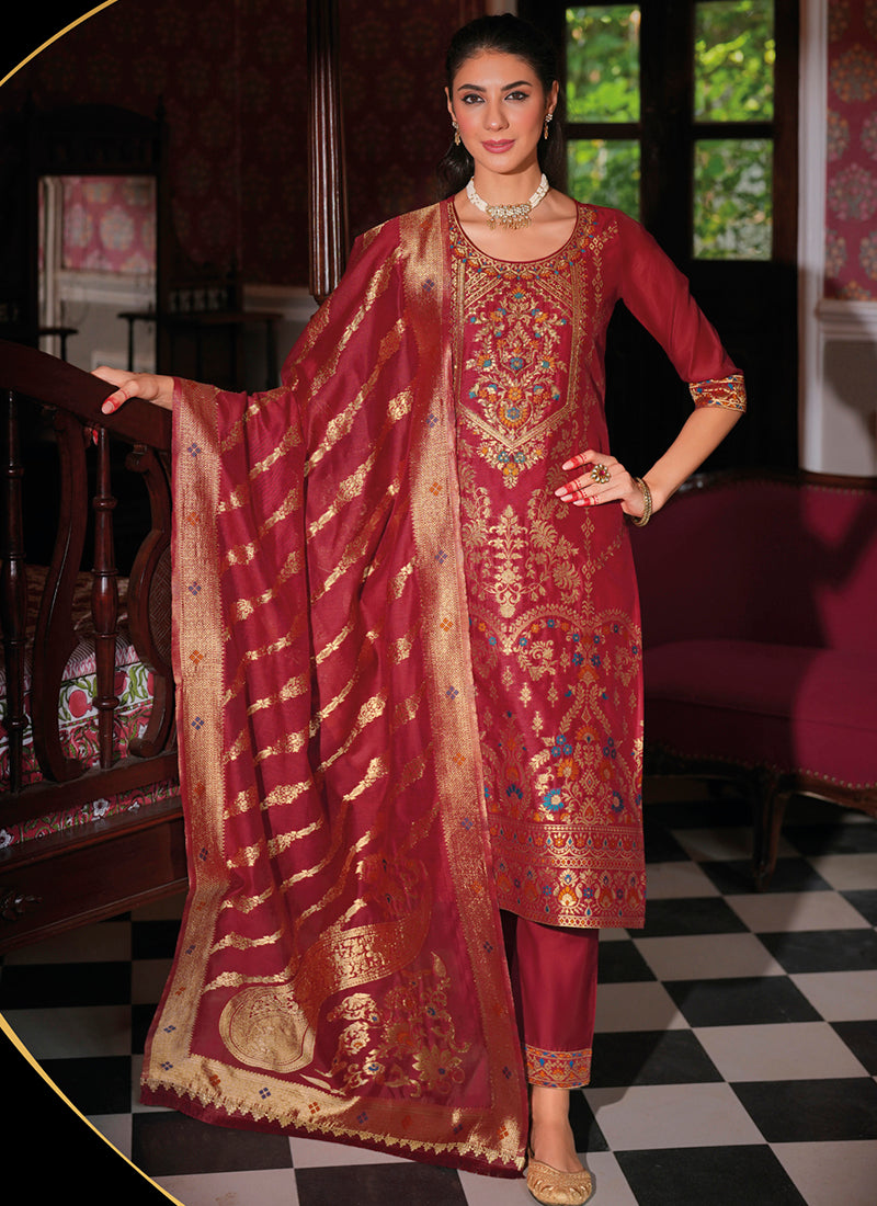 Vellora Jacquard Silk Red Party Wear Embroidery Work Readymade Salwar Suit - Distacart