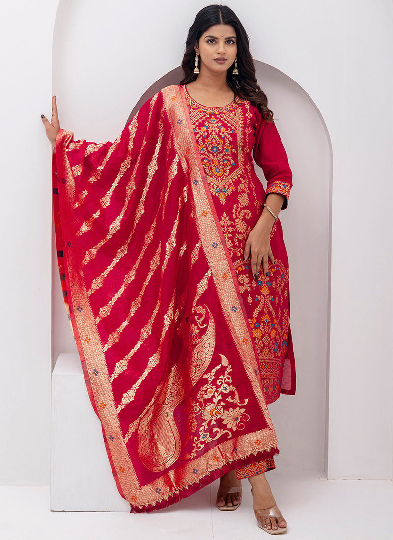 Vellora Jacquard Silk Red Party Wear Embroidery Work Readymade Salwar Suit - Distacart
