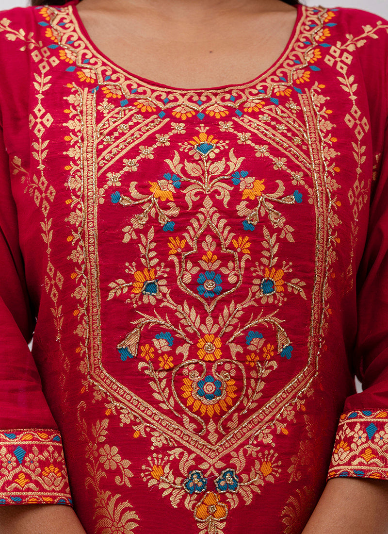 Vellora Jacquard Silk Red Party Wear Embroidery Work Readymade Salwar Suit - Distacart