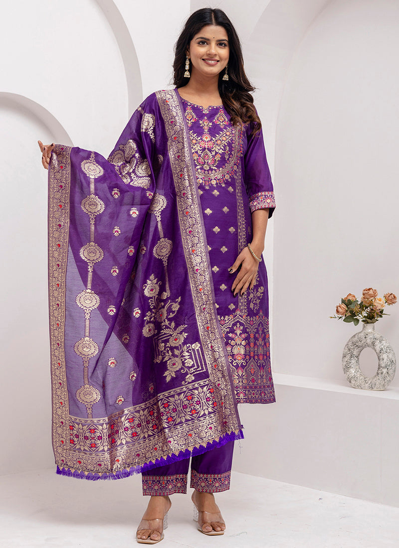 Vellora Jacquard Silk Royal Blue Party Wear Embroidery Work Readymade Salwar Suit - Distacart