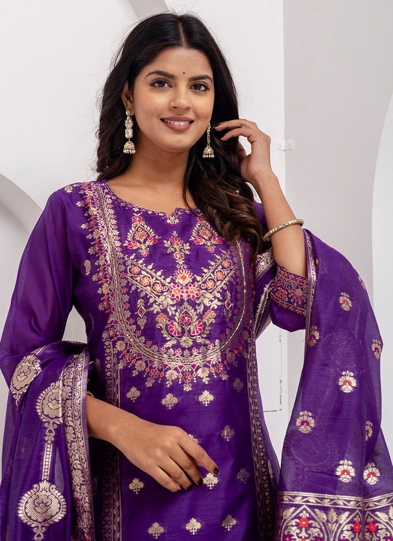 Vellora Jacquard Silk Royal Blue Party Wear Embroidery Work Readymade Salwar Suit - Distacart