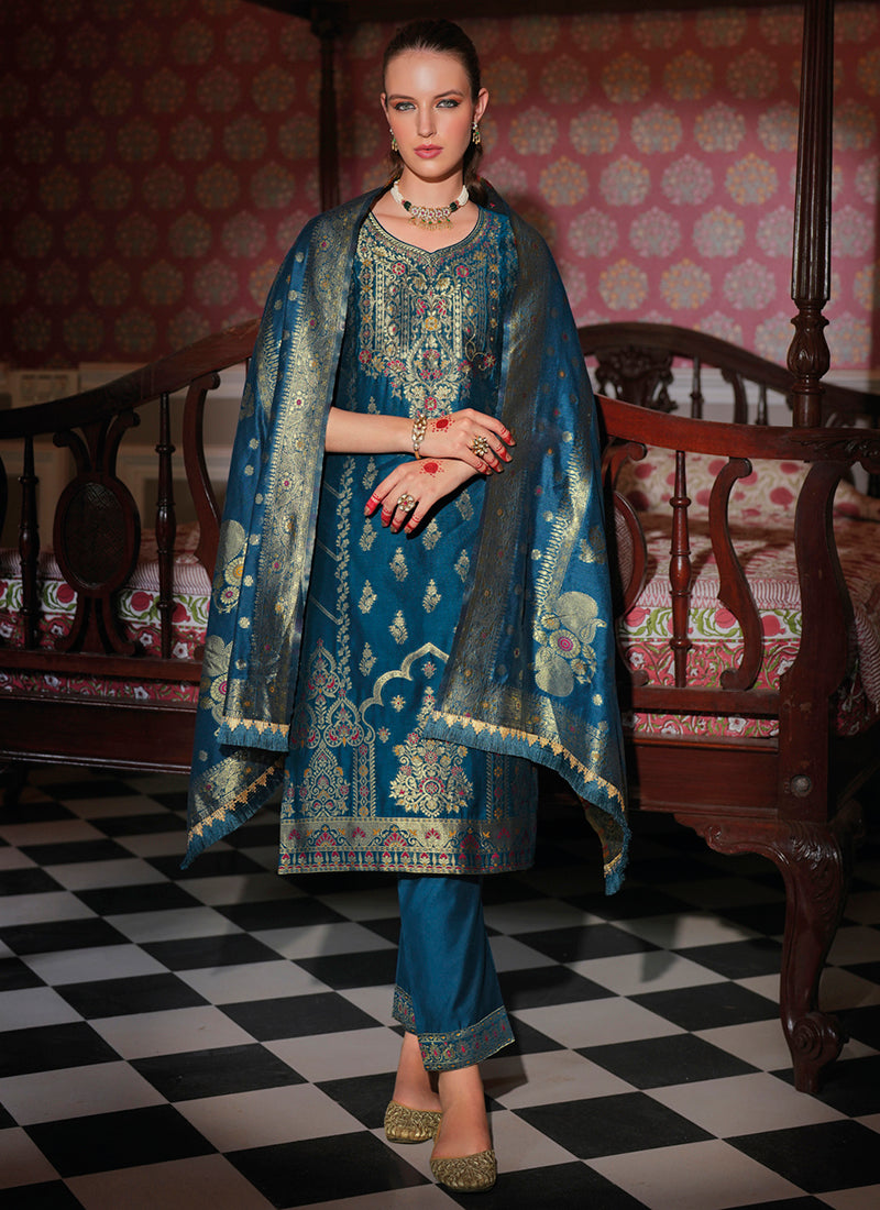 Vellora Jacquard Silk Teal Party Wear Embroidery Work Readymade Salwar Suit - Distacart