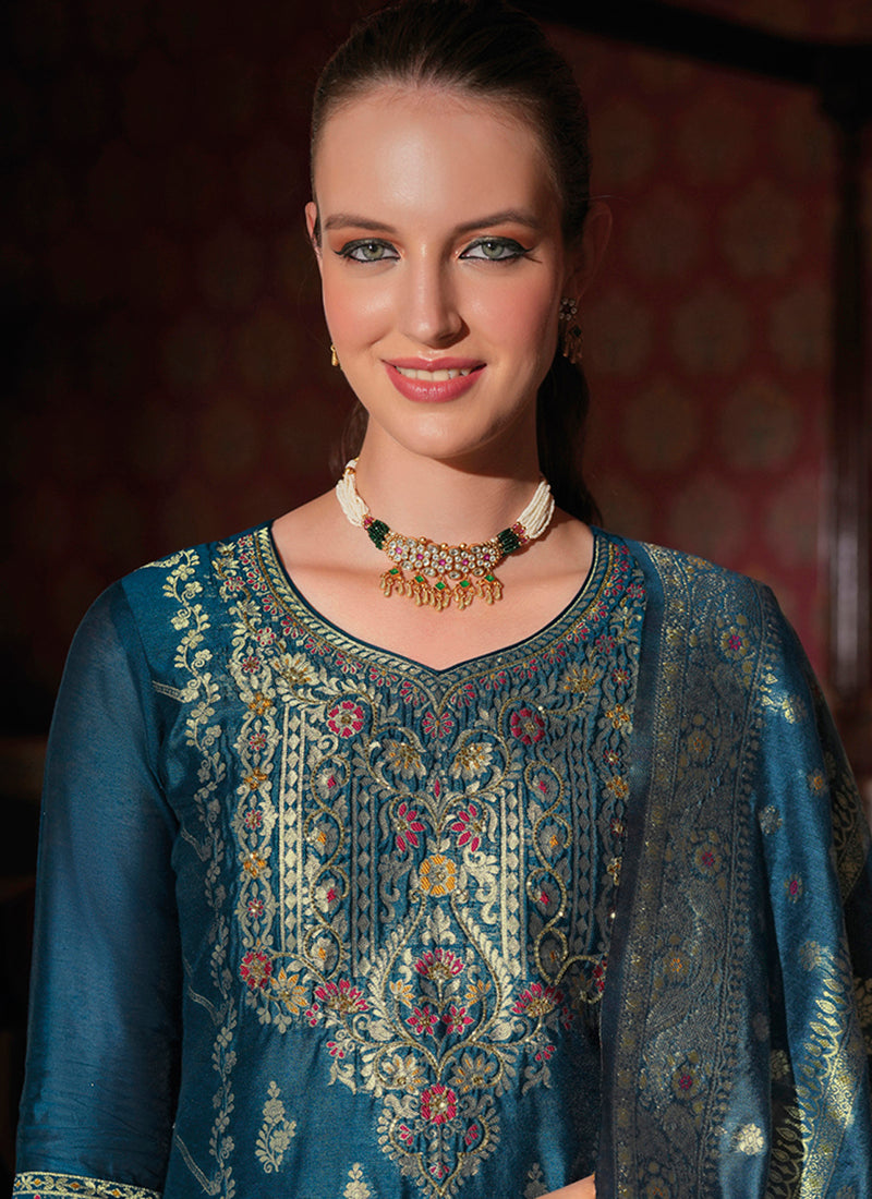 Vellora Jacquard Silk Teal Party Wear Embroidery Work Readymade Salwar Suit - Distacart