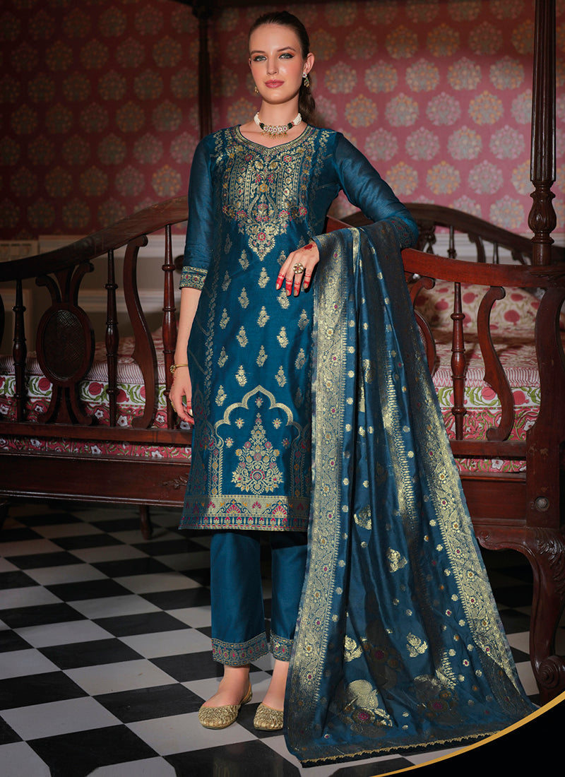 Vellora Jacquard Silk Teal Party Wear Embroidery Work Readymade Salwar Suit - Distacart