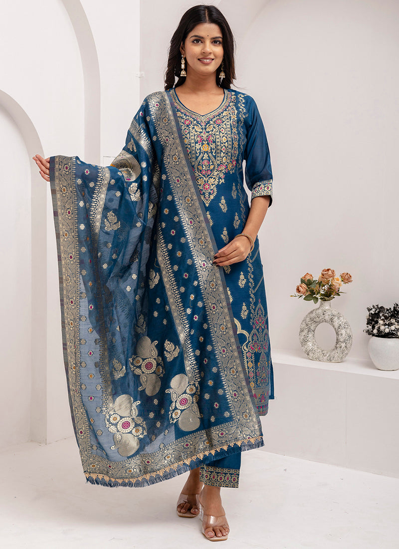 Vellora Jacquard Silk Teal Blue Party Wear Embroidery Work Readymade Salwar Suit - Distacart