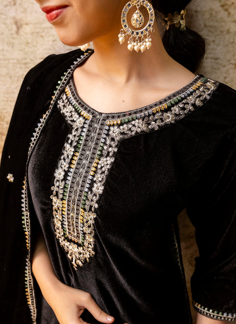 Vellora Velvet Black Party Wear Embroidery Work Readymade Salwar Suit - Distacart