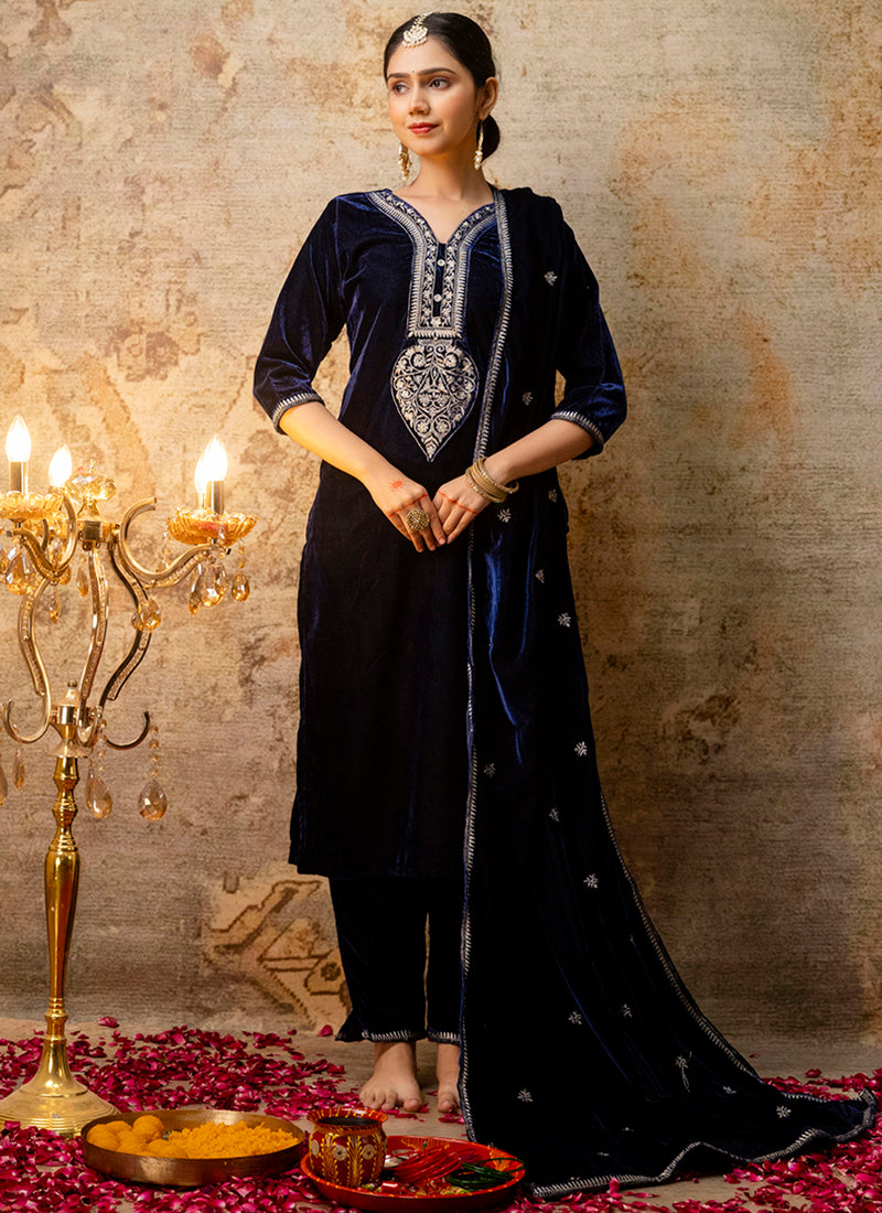 Vellora Velvet Blue Party Wear Embroidery Work Readymade Salwar Suit - Distacart