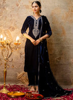 Vellora Velvet Blue Party Wear Embroidery Work Readymade Salwar Suit - Distacart