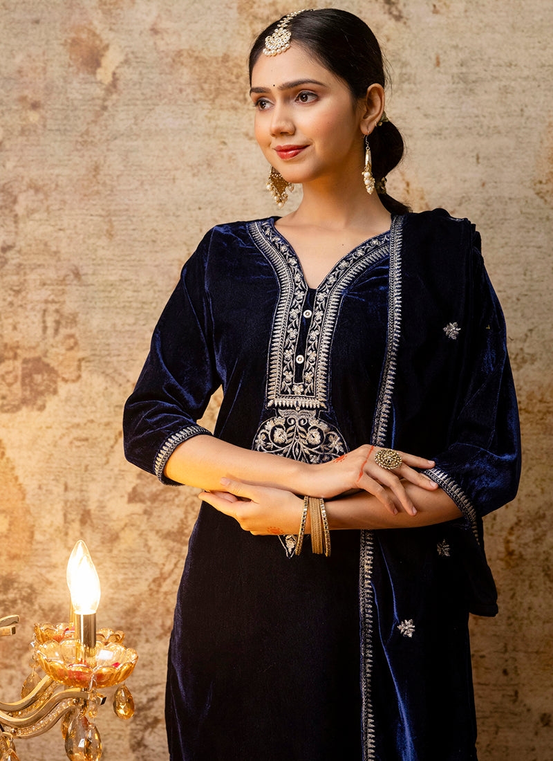 Vellora Velvet Blue Party Wear Embroidery Work Readymade Salwar Suit - Distacart