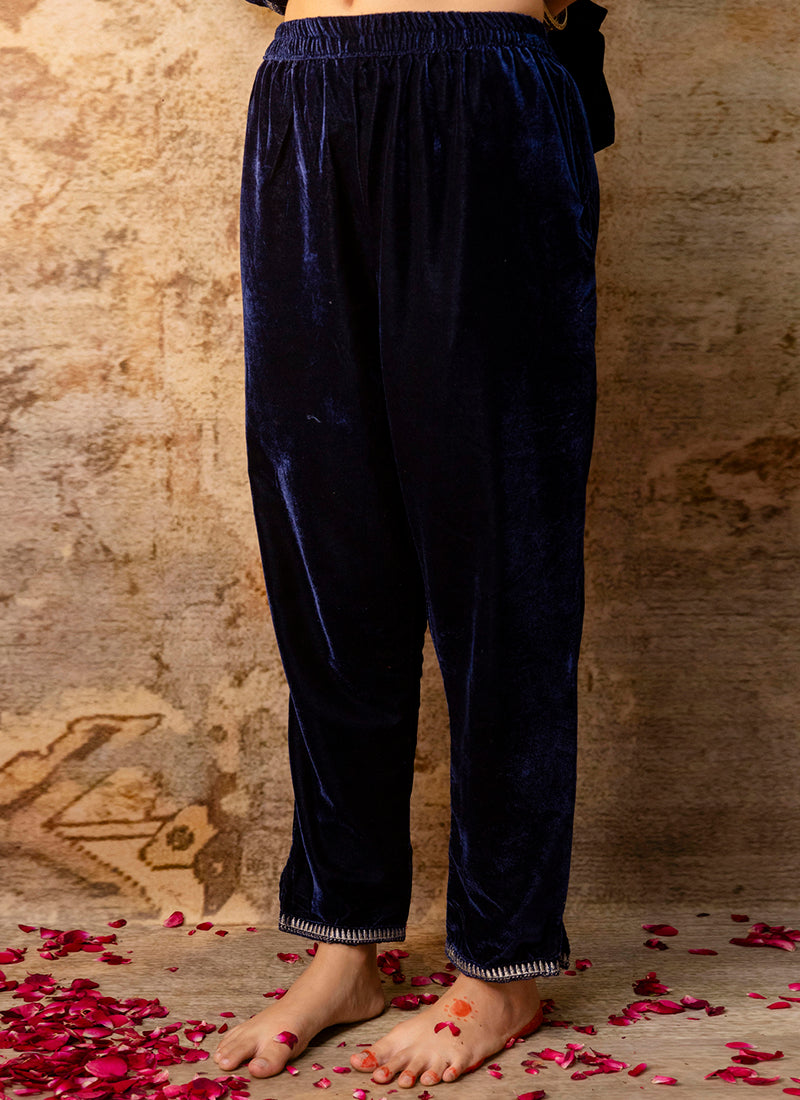 Vellora Velvet Blue Party Wear Embroidery Work Readymade Salwar Suit - Distacart