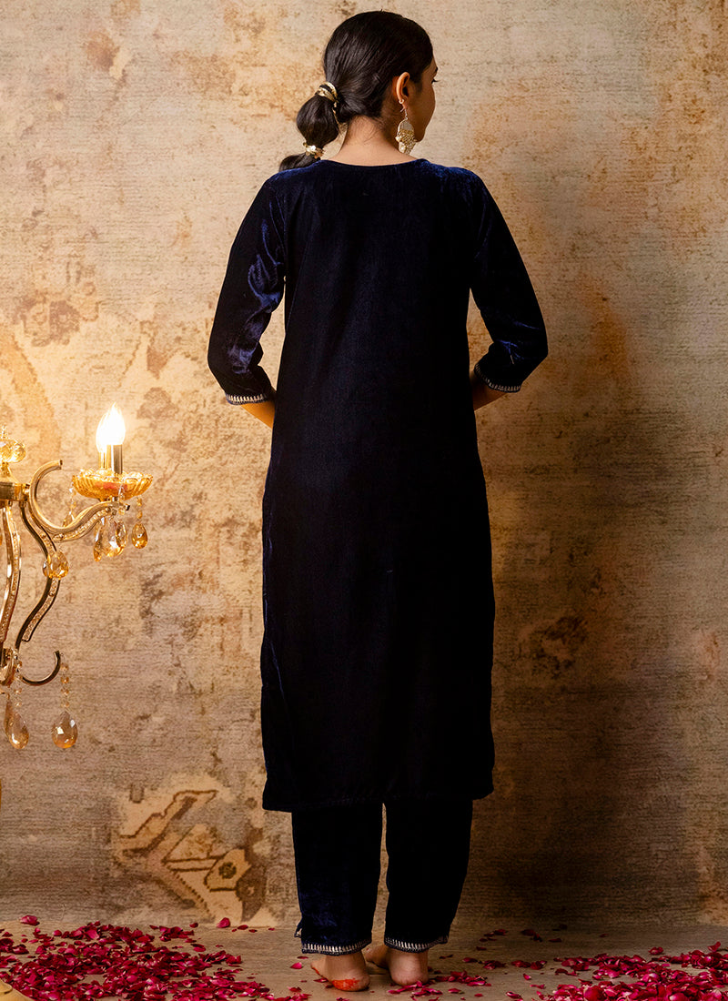 Vellora Velvet Blue Party Wear Embroidery Work Readymade Salwar Suit - Distacart