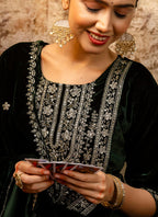 Vellora Velvet Dark Green Party Wear Embroidery Work Readymade Salwar Suit - Distacart