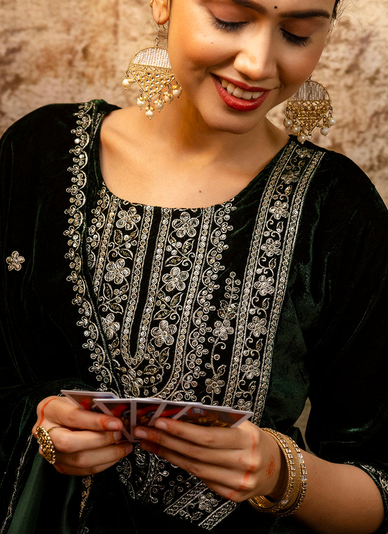 Vellora Velvet Dark Green Party Wear Embroidery Work Readymade Salwar Suit - Distacart