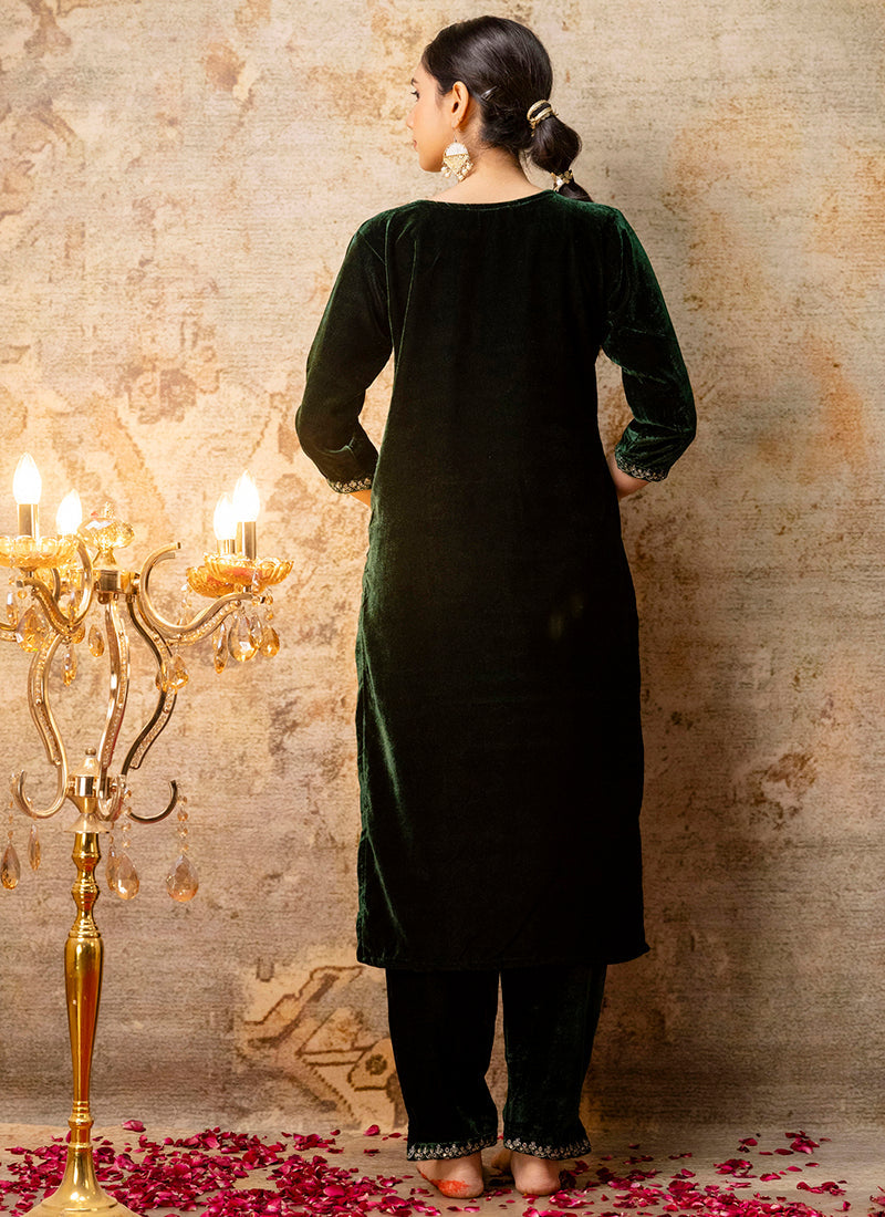 Vellora Velvet Dark Green Party Wear Embroidery Work Readymade Salwar Suit - Distacart