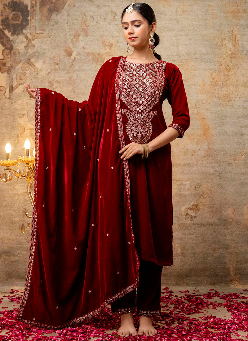Vellora Velvet Maroon Party Wear Embroidery Work Readymade Salwar Suit - Distacart