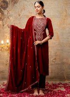 Vellora Velvet Maroon Party Wear Embroidery Work Readymade Salwar Suit - Distacart