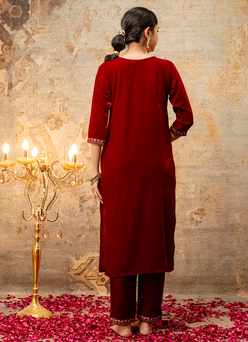 Vellora Velvet Maroon Party Wear Embroidery Work Readymade Salwar Suit - Distacart
