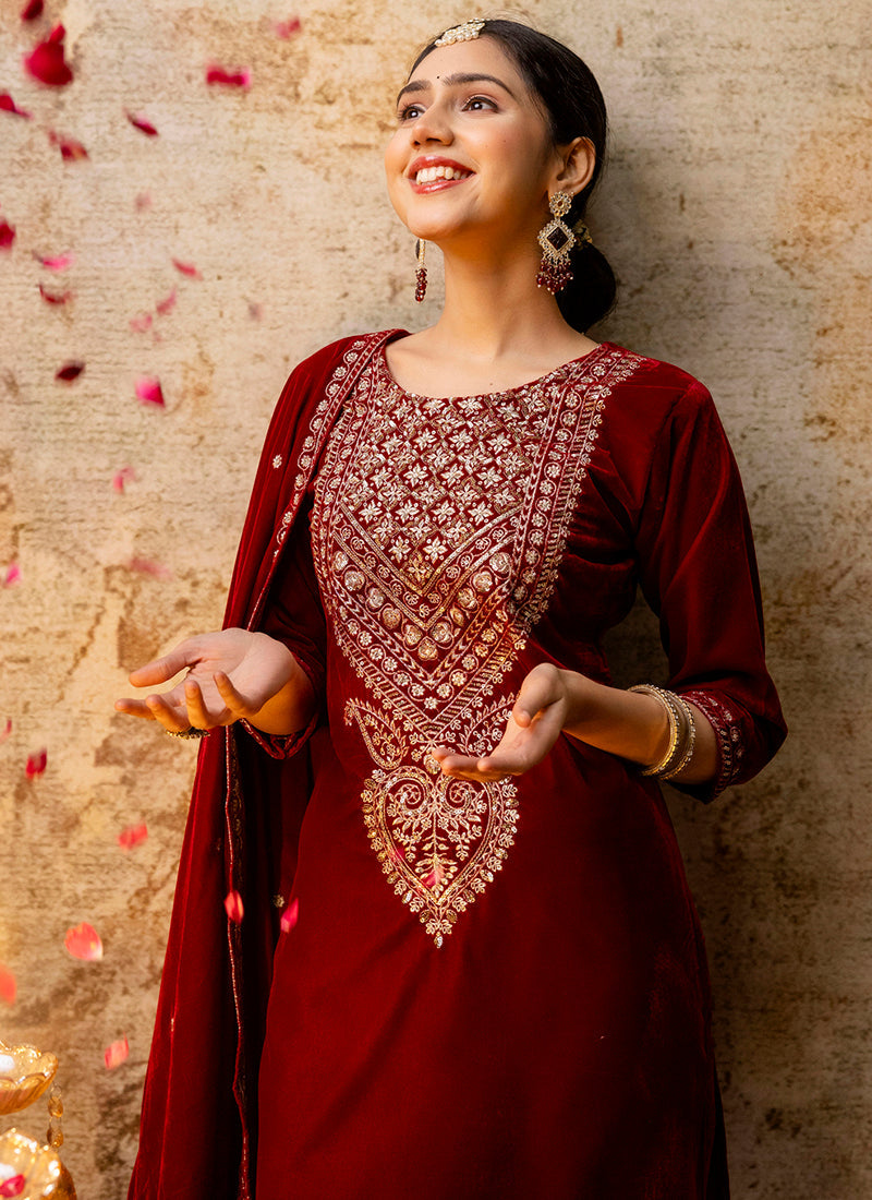Vellora Velvet Maroon Party Wear Embroidery Work Readymade Salwar Suit - Distacart