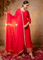 Vellora Silk Blend Bright Red Party Wear Embroidery Work Readymade Salwar Suit - Distacart
