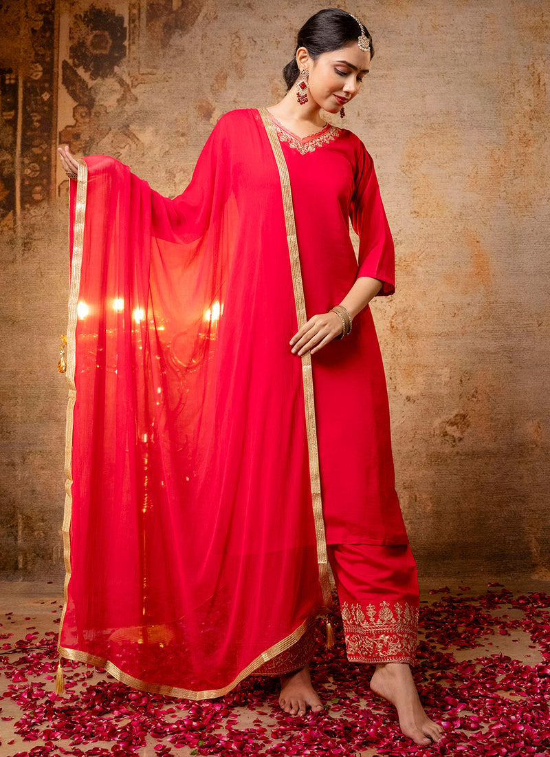Vellora Silk Blend Bright Red Party Wear Embroidery Work Readymade Salwar Suit - Distacart