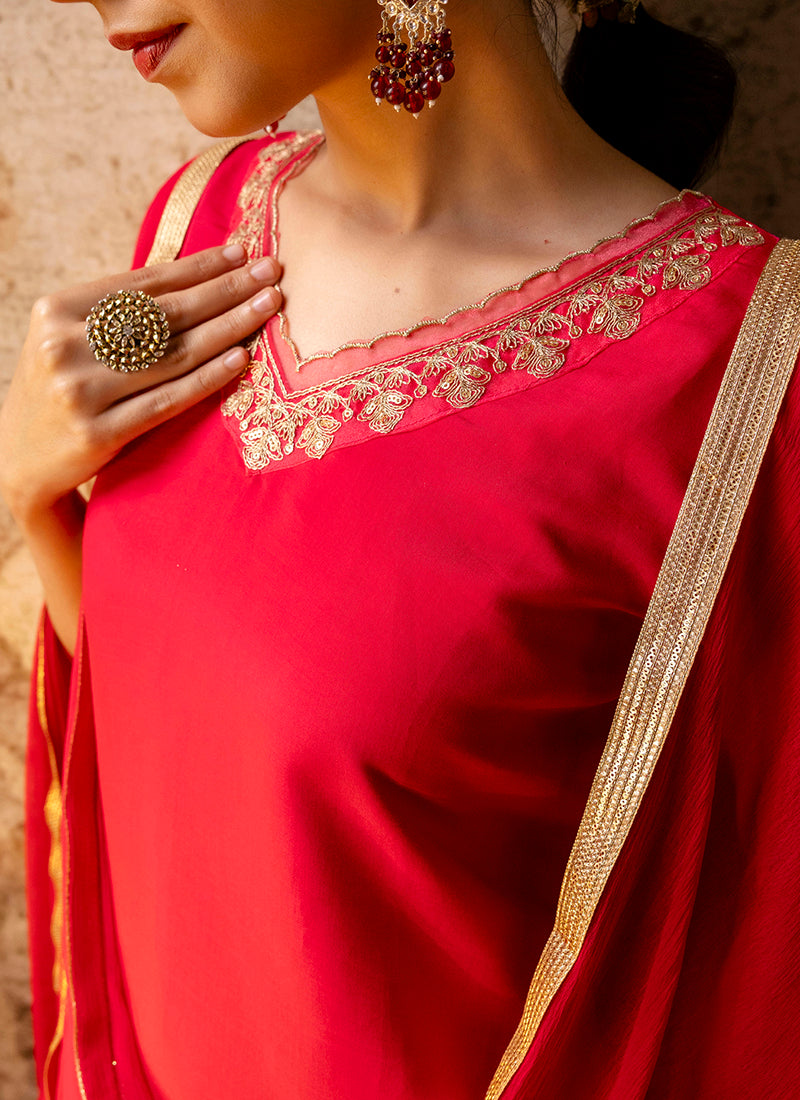 Vellora Silk Blend Bright Red Party Wear Embroidery Work Readymade Salwar Suit - Distacart