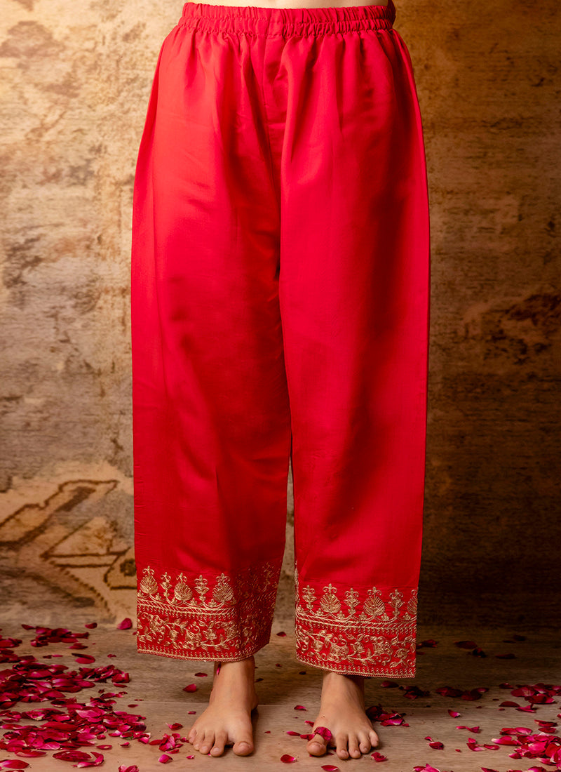 Vellora Silk Blend Bright Red Party Wear Embroidery Work Readymade Salwar Suit - Distacart