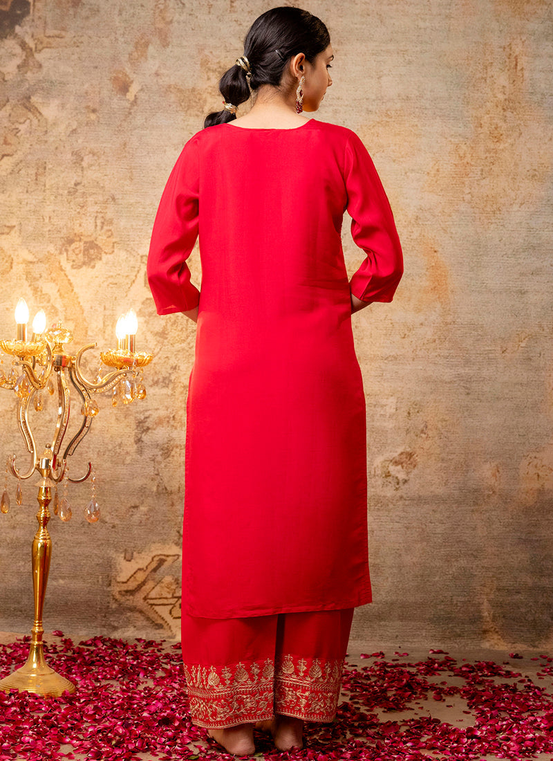 Vellora Silk Blend Bright Red Party Wear Embroidery Work Readymade Salwar Suit - Distacart