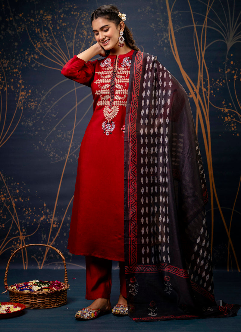 Vellora Cotton Silk Blend Maroon Party Wear Embroidery Work Readymade Salwar Suit - Distacart