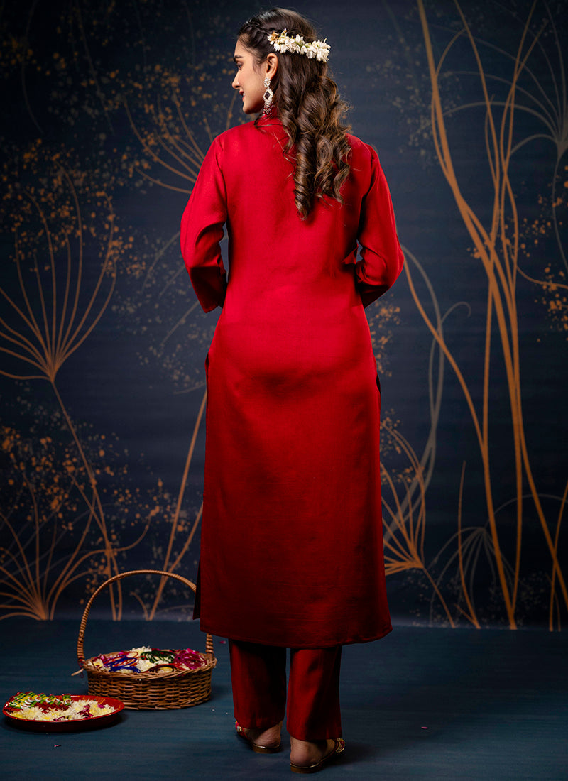 Vellora Cotton Silk Blend Maroon Party Wear Embroidery Work Readymade Salwar Suit - Distacart