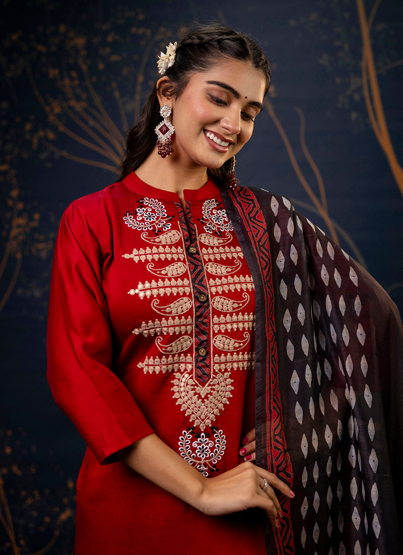 Vellora Cotton Silk Blend Maroon Party Wear Embroidery Work Readymade Salwar Suit - Distacart