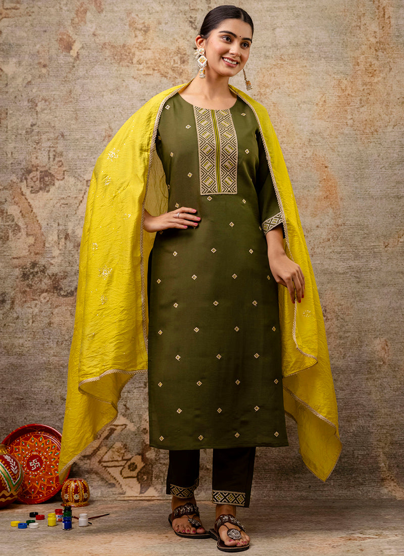 Vellora Silk Blend Mehendi Party Wear Embroidery Work Readymade Salwar Suit - Distacart