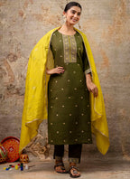 Vellora Silk Blend Mehendi Party Wear Embroidery Work Readymade Salwar Suit - Distacart