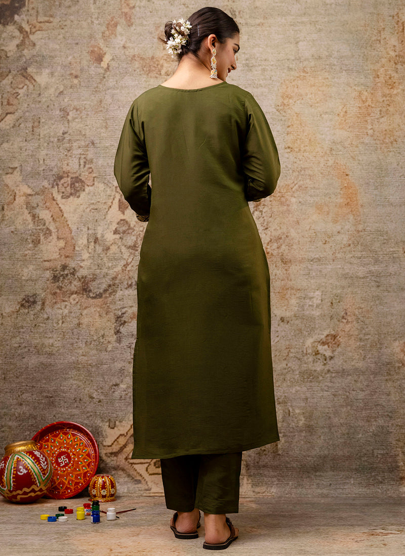 Vellora Silk Blend Mehendi Party Wear Embroidery Work Readymade Salwar Suit - Distacart