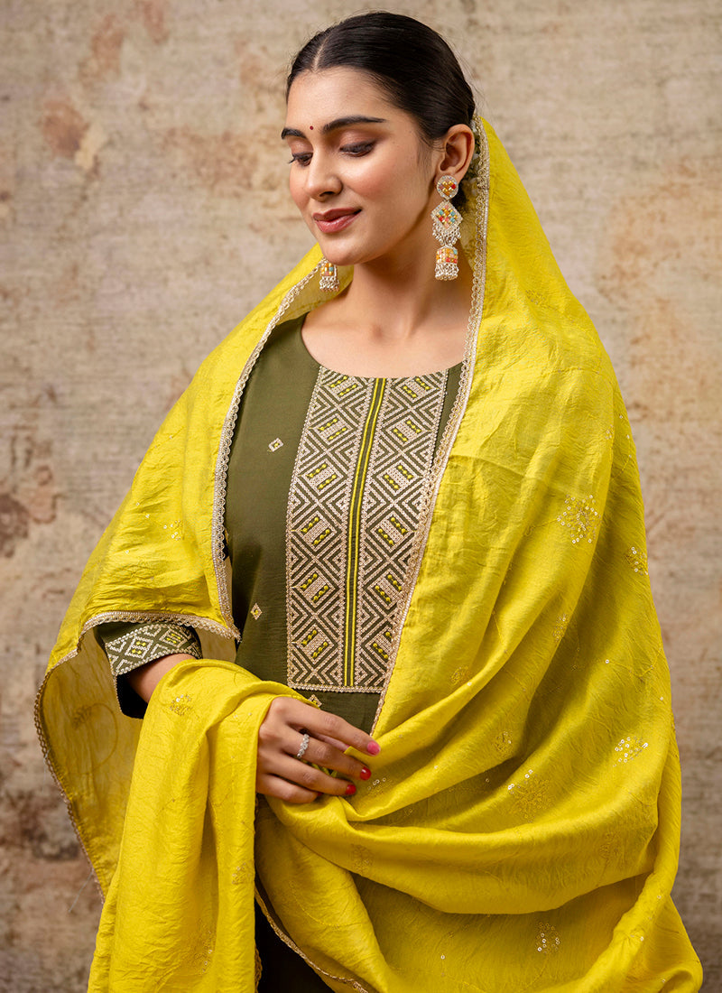Vellora Silk Blend Mehendi Party Wear Embroidery Work Readymade Salwar Suit - Distacart